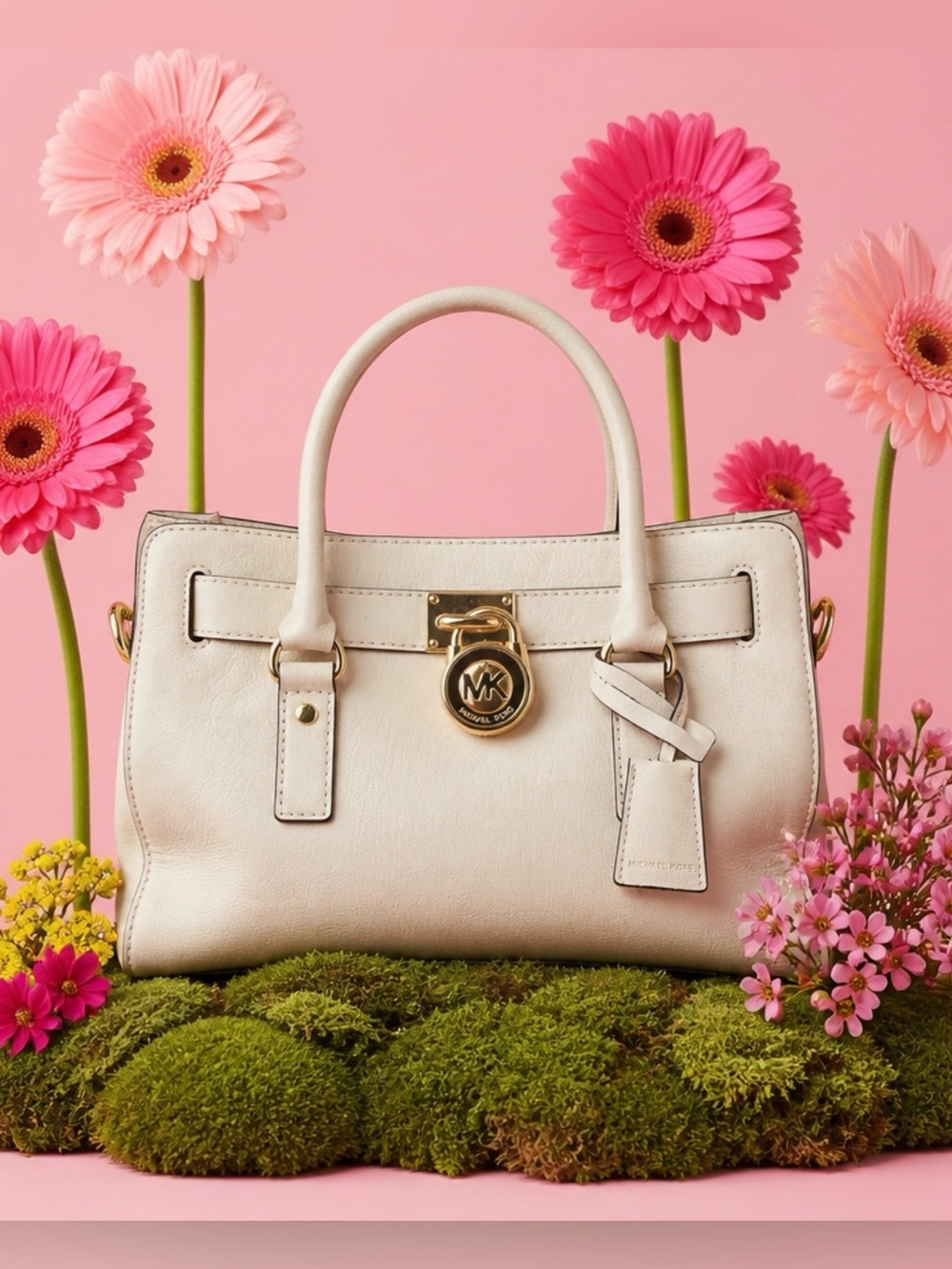Michael Kors Cream Leather Satchel with Gold-Tone MK Lock